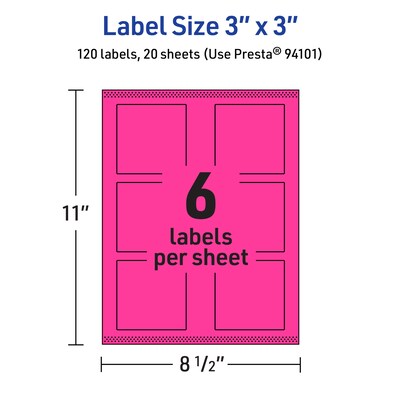 Avery Laser/Inkjet Square Multipurpose Labels, 3" x 3", Neon Magenta, 120/Pack (94101)