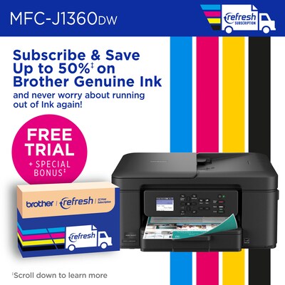 Brother Work Smart MFC-J1360DW Wireless Color All-In-One Inkjet Printer, Best for Home Office, Ink Subscription Service Included