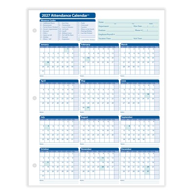 ComplyRight 2027 Attendance Calendar Card, 50 Forms/Pack (A4000W50)