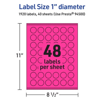 Avery Laser/Inkjet Round Multipurpose Labels, 1" Dia., Neon Magenta, 1920/Pack (94500)
