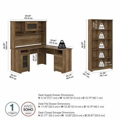 Bush Furniture Cabot 60"W L Shaped Computer Desk with Hutch and 5 Shelf Bookcase, Reclaimed Pine (CAB011RCP)