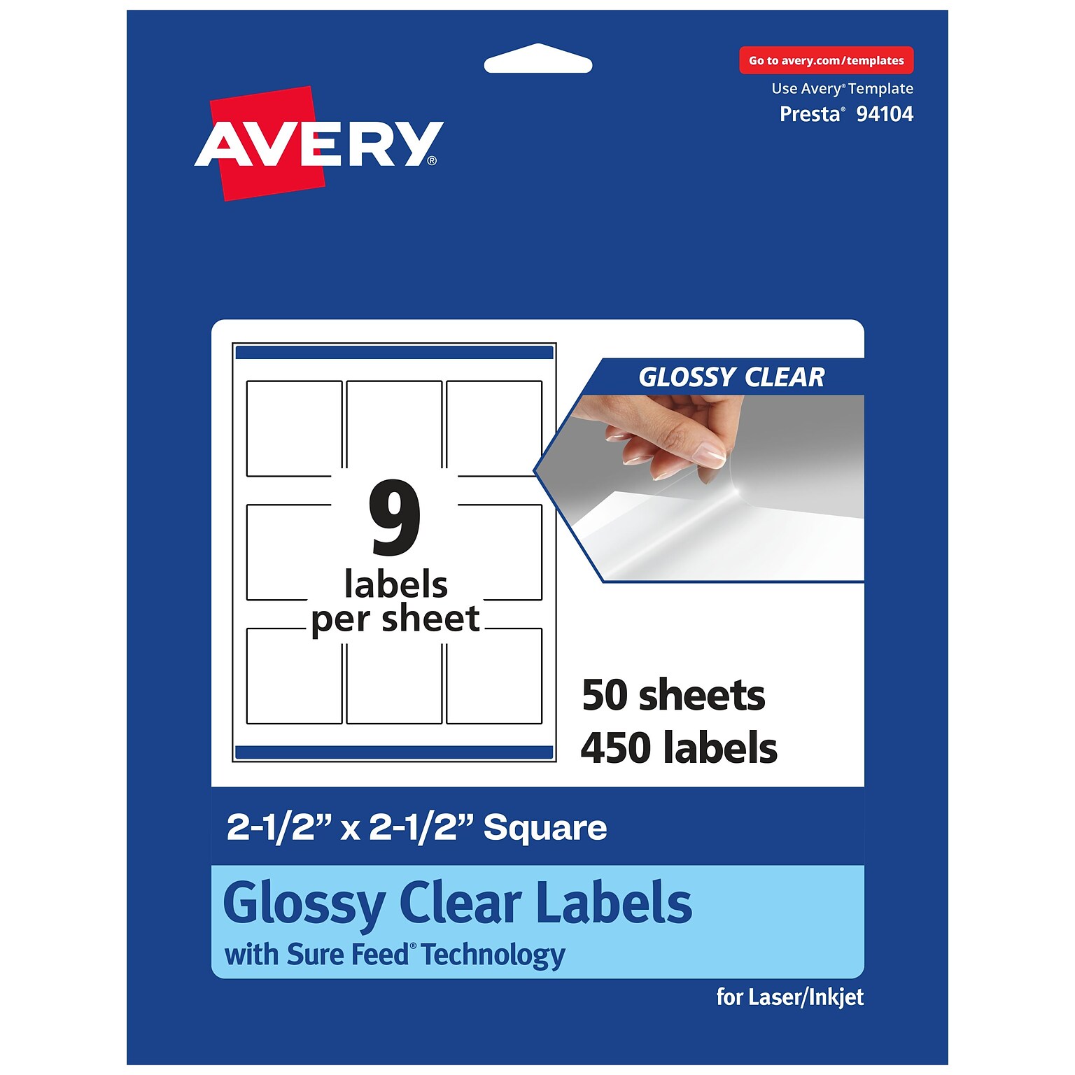 Avery Laser/Inkjet Square Glossy Labels, 2.5 x 2.5, Clear, 450 Labels/Box (94104)