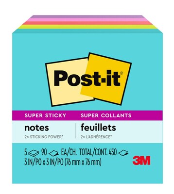 Post-it Super Sticky Notes, 3 x 3, Supernova Neons, 90 Sheets/Pad, 5 Pads/Pack (654-5SSMIA)