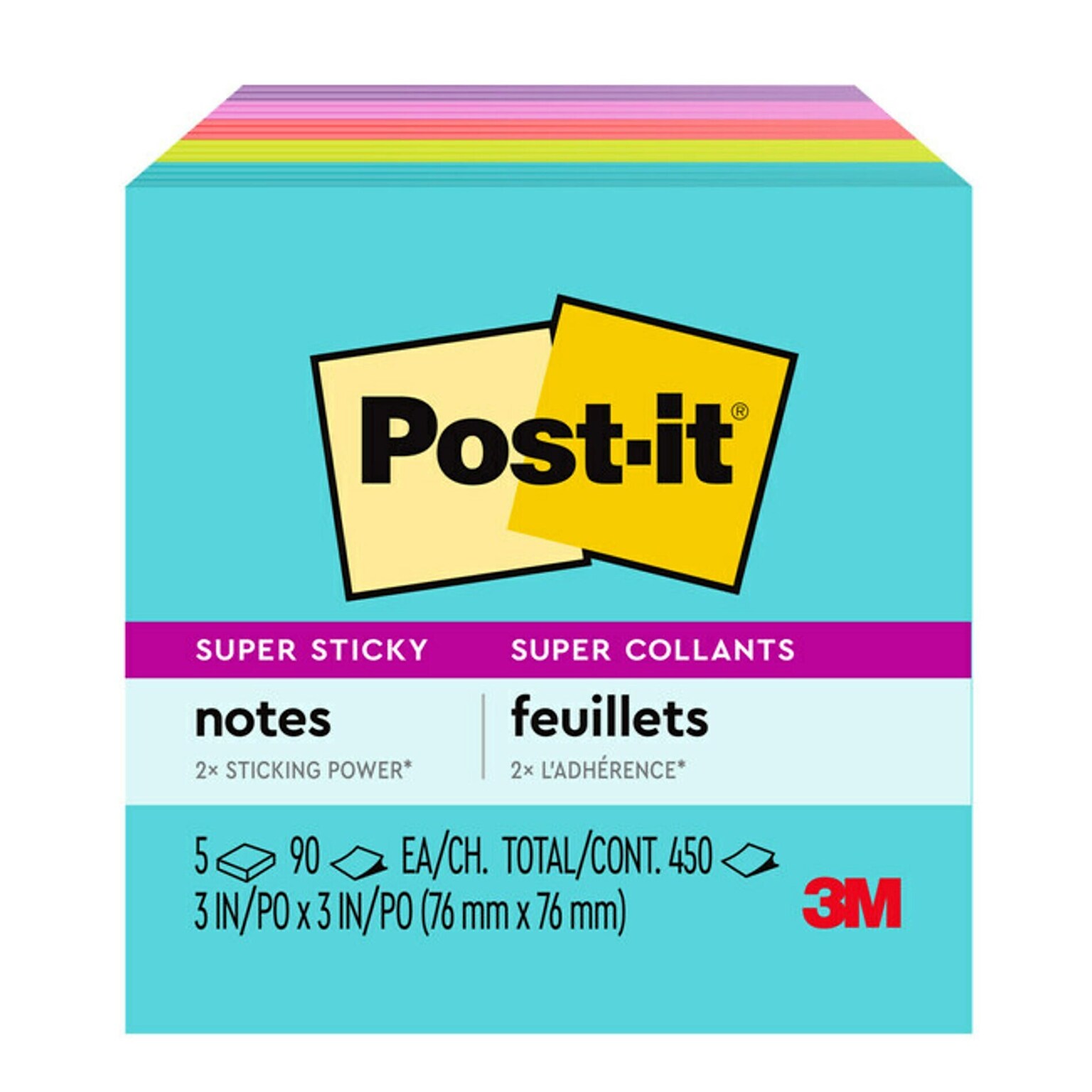 Post-it Super Sticky Notes, 3 x 3, Supernova Neons, 90 Sheets/Pad, 5 Pads/Pack (654-5SSMIA)