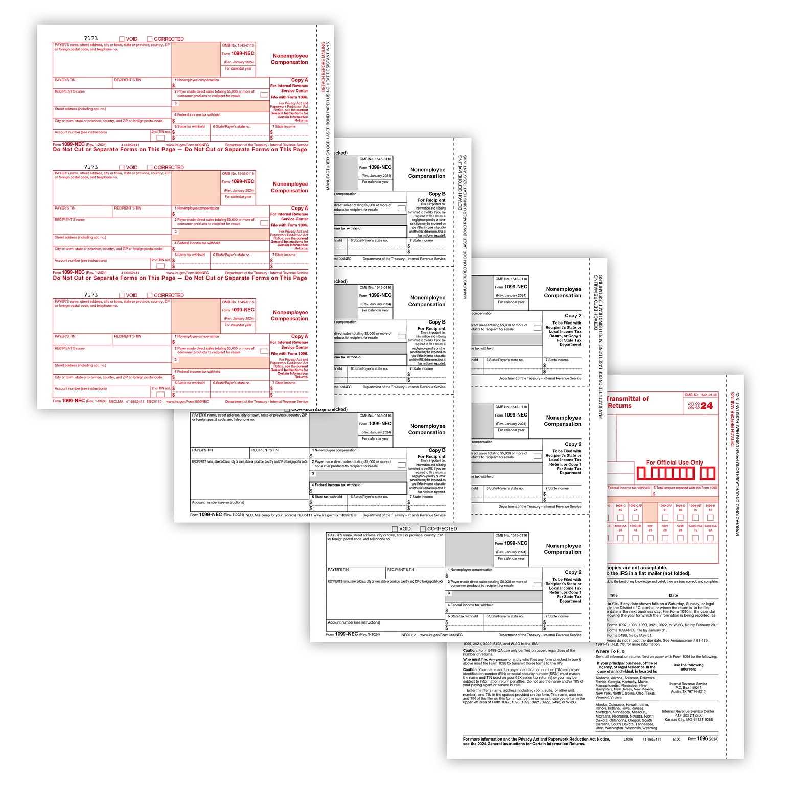 ComplyRight 2024 1099-NEC Tax Form, 3-Part, 3-Up, Copy A, B, C/2, 1096 Transmittal, 50/Pack (NEC6102)