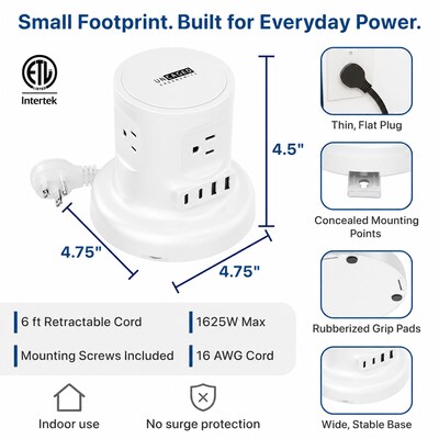 Uncaged Ergonomics Retractable Power Strip with USB-C, 4 AC Outlets, 4 USB Ports and 6ft Retractable Cord, White (RC-white)
