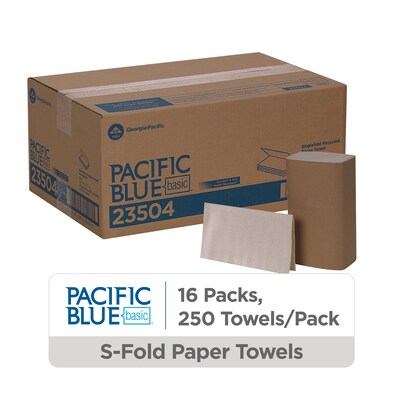 Pacific Blue Basic Recycled Single Fold Paper Towels, 1-ply, Brown, 250 Sheets/Pack, 16 Packs/Carton (23504)