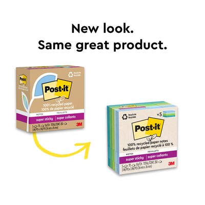 Post-it Oasis Recycled Super Sticky Notes, 3" x 3", Oasis Collection, 70 Sheets/Pad, 5 Pads/Pack (654R-5SST)