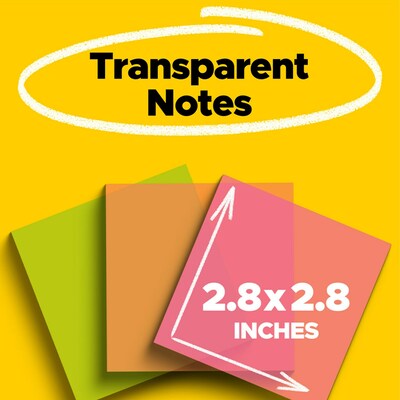 Post-it Transparent Sticky Notes, 2.8 x 2.8, Assorted Colors, 36 Sheets/Pad, 3 Pads/Pack (600-3COL