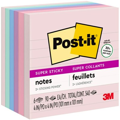 Post-it Recycled Super Sticky Notes, 4 x 4, Wanderlust Pastels Collection, Lined, 90 Sheets/Pad, 6