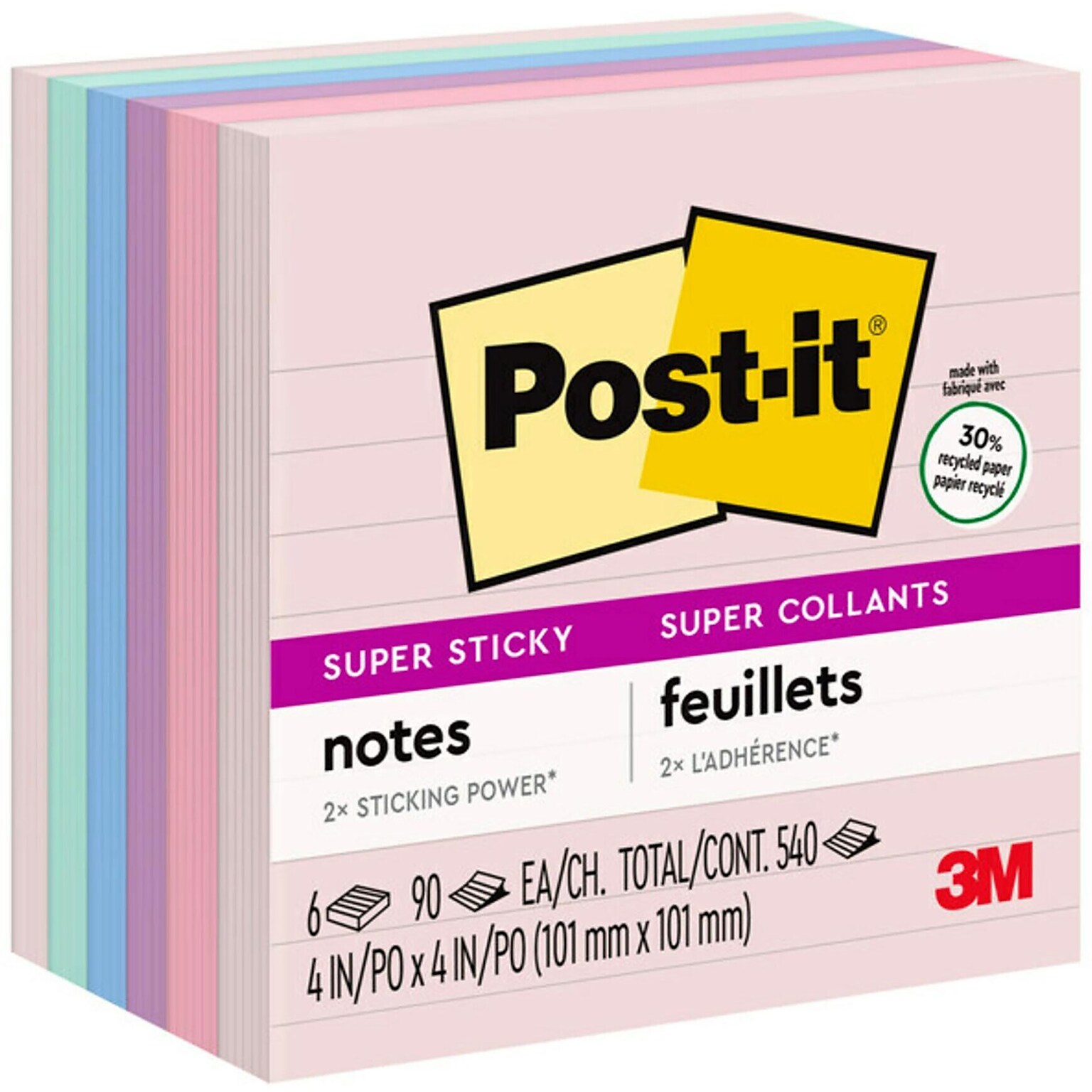 Post-it Recycled Super Sticky Notes, 4 x 4, Wanderlust Pastels Collection, Lined, 90 Sheets/Pad, 6 Pads/Pack (675-6SSNRP)