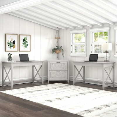 Bush Furniture Key West 48" 2-Person Writing Desk Set with Lateral File Cabinet, Linen White Oak (KWS047LW)
