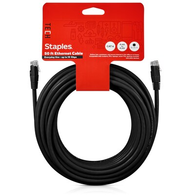Staples TECH 50 Cat-6 Ethernet Cable, Male to Male, Black (ST62448)