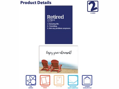 Better Office Retirement Cards with Envelopes, 7" x 5", Assorted Colors, 2/Pack (64623-2PK)