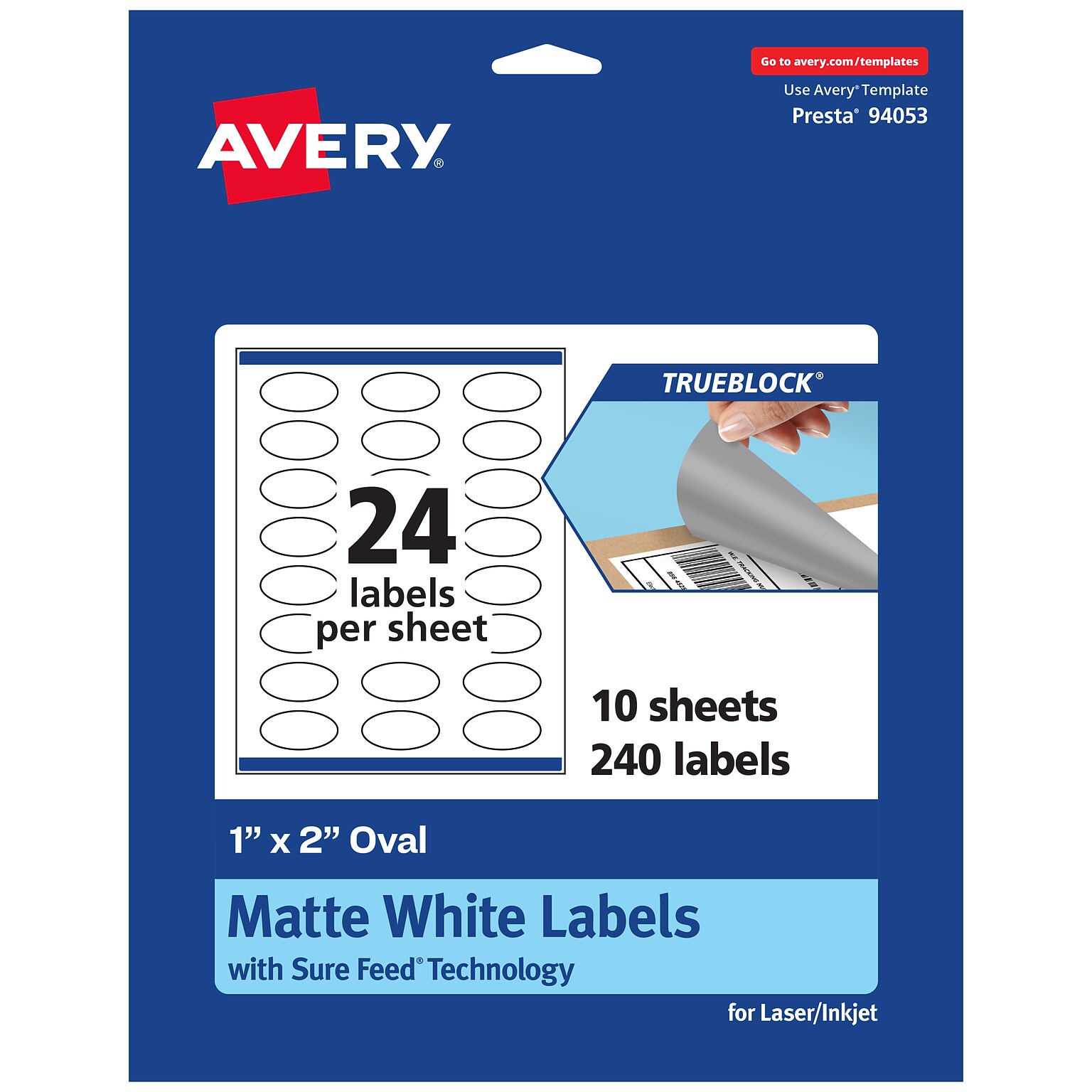 Avery TrueBlock Laser/Inkjet Multipurpose Labels, 1 x 2, White, 240 Labels/Pack (94053)