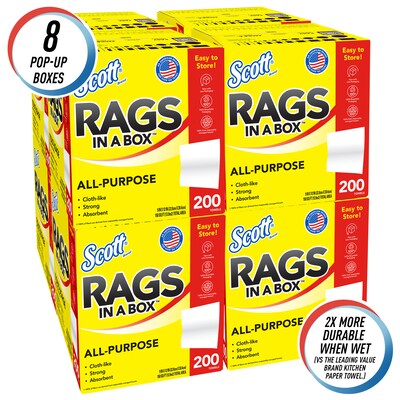 Scott Rags In a Box Fabric Wipers, White, 200 Wipers/Box, 8 Boxes/Carton (75260)