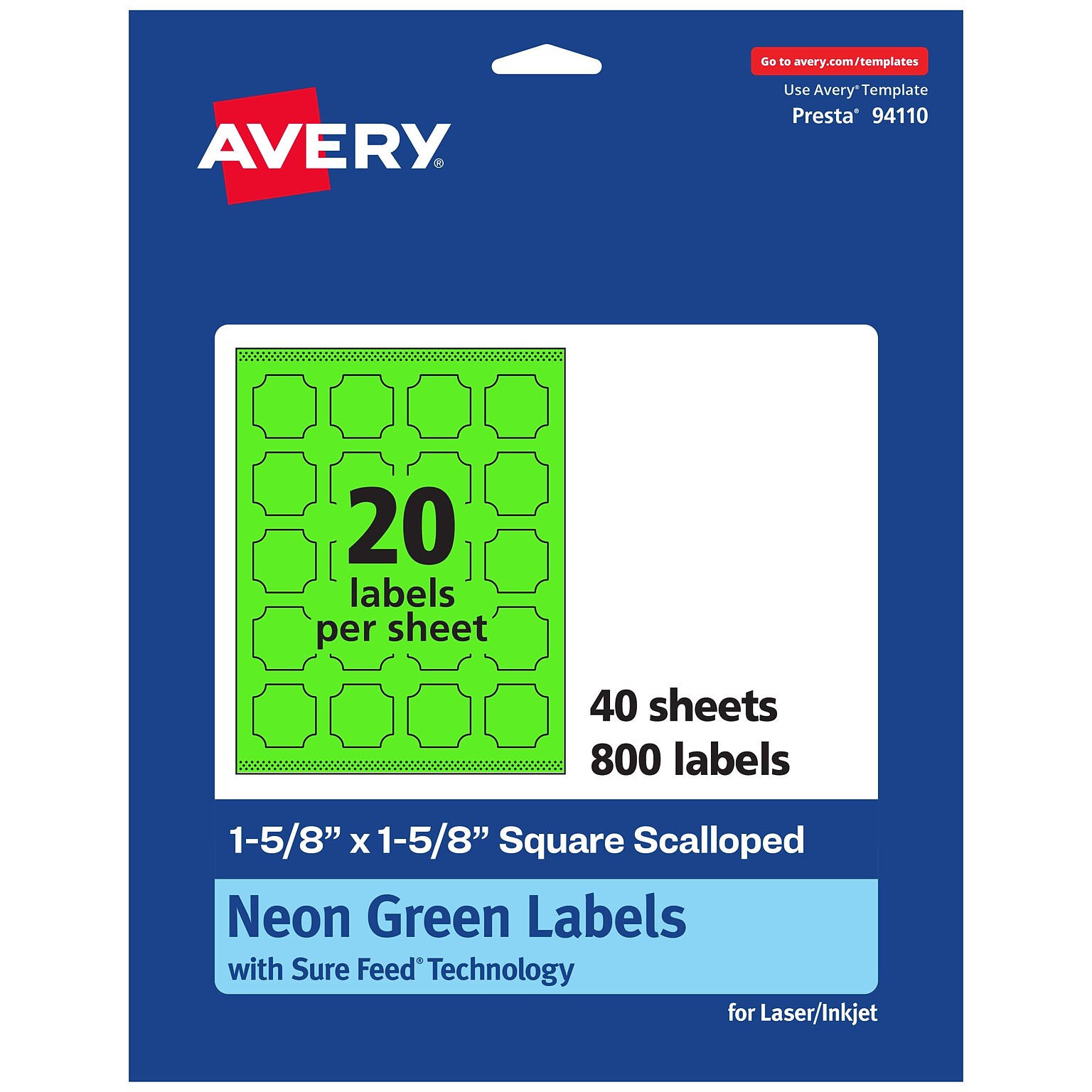Avery Decorative Edge Multipurpose Labels, 1-5/8 x 1-5/8, Neon Green, 800/Pack (94110)