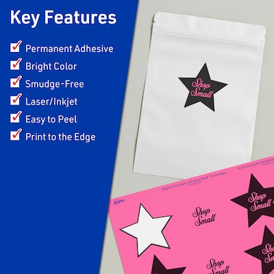 Avery Star Laser/Inkjet Multipurpose Labels, 2-1/4 x 2-3/8, Bright Pink (480/Box)