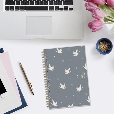 2027 Blue Sky Bespoke Letterpress Cranes and Flowers 5" x 8" Calendar Year Weekly & Monthly Standard Planner, Plastic Cover