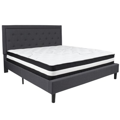 Flash Furniture Roxbury Tufted Upholstered Platform Bed in Dark Gray Fabric with Pocket Spring Mattr