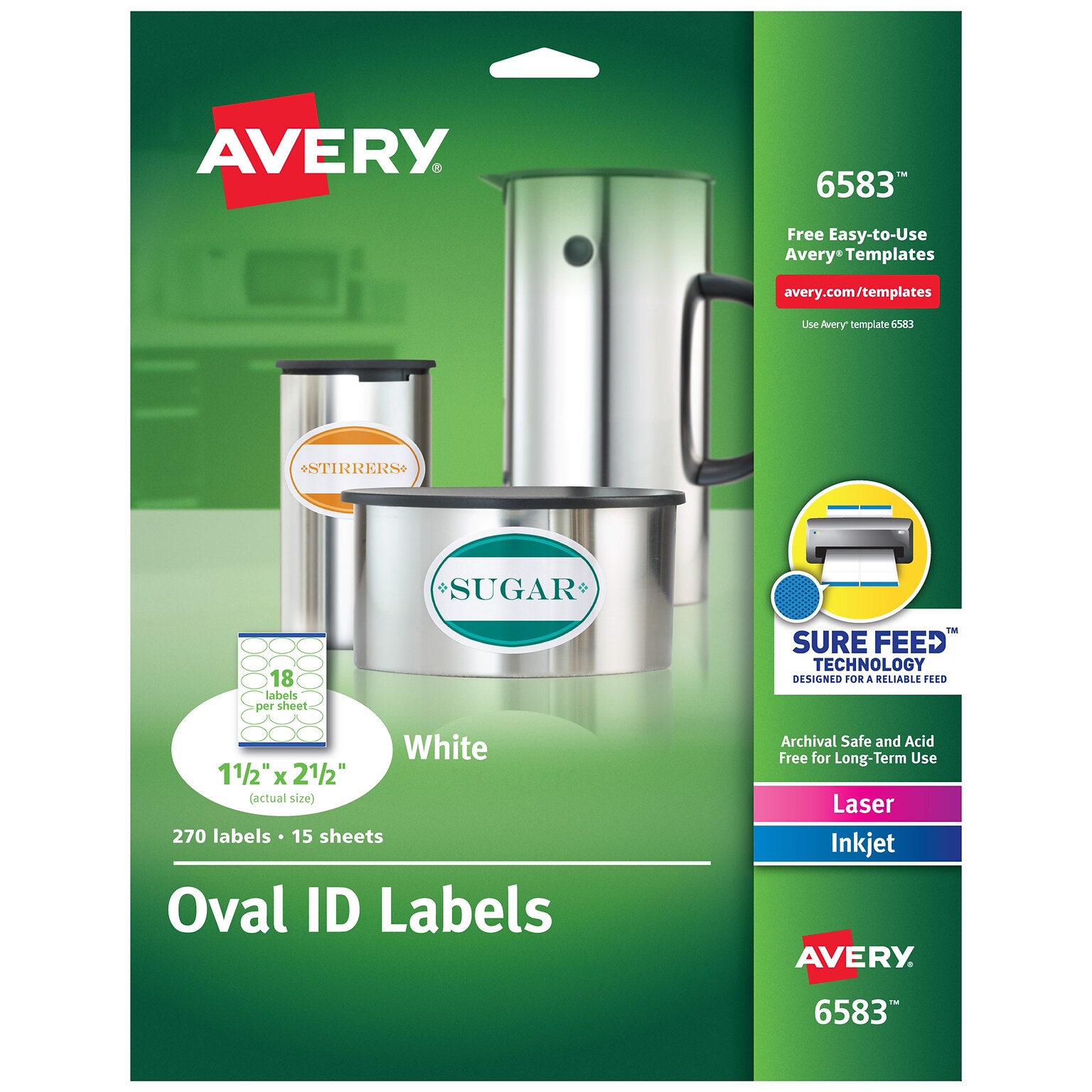 Avery Easy Peel Laser/Inkjet Oval, 1-1/2 x 2-1/2, White, 18 Labels/Sheet, 15 Sheets/Pack, 270 Labels/Pack (6583)