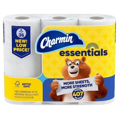 Charmin Essentials Mega Toilet Paper, 1-Ply, White, 407 Sheets/Roll, 9 Rolls/Pack, 4 Packs/Carton (04536)