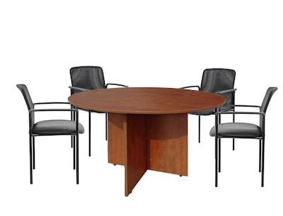 Boss Office Products 42 Round Cherry Laminate Table Set w/ 4 Black Mesh Chairs (GROUP127C-C)