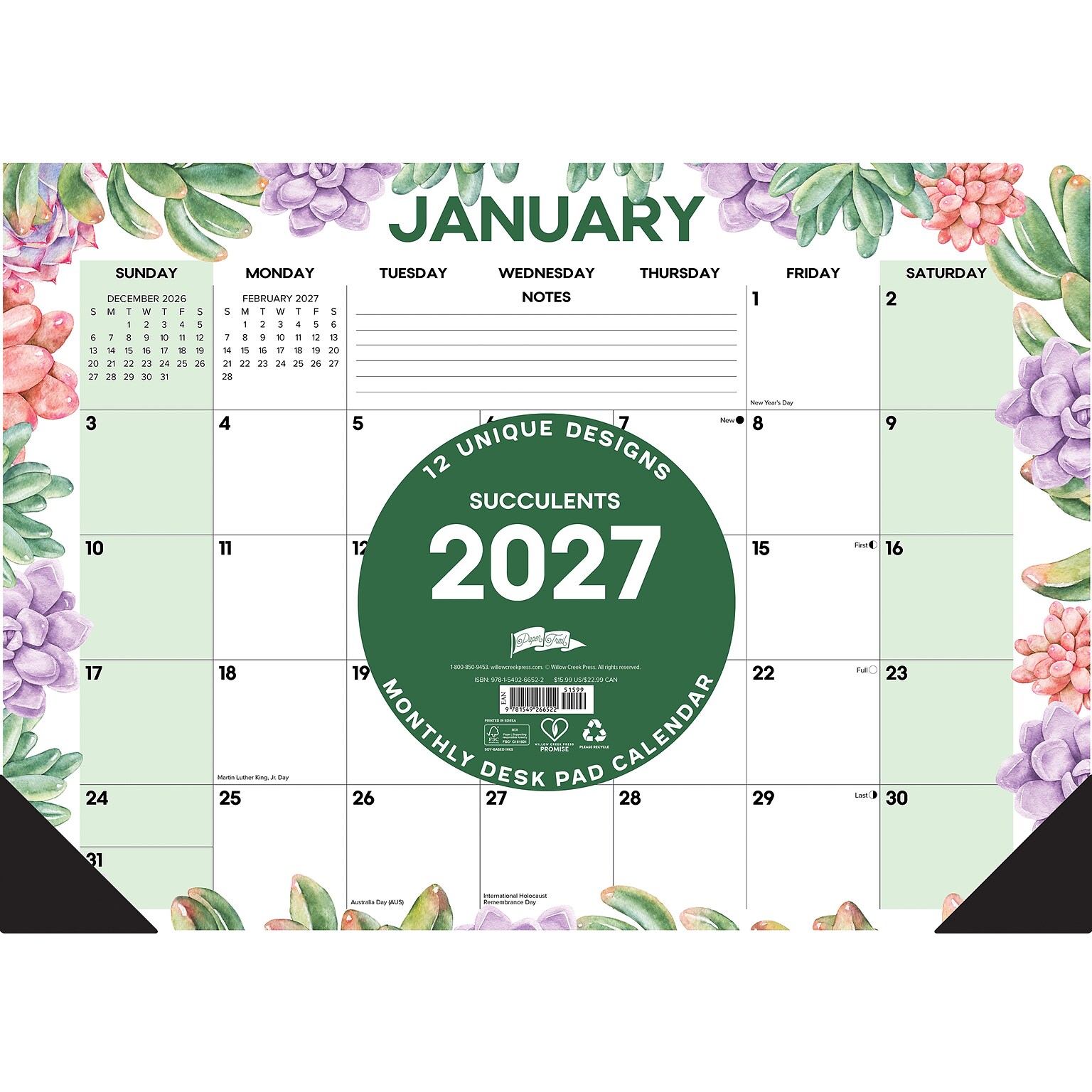2027 Willow Creek Succulents 17 x 12 Monthly Desk Pad Calendar, Assorted Colors (66522)