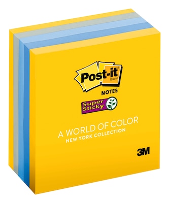 Post-it® Super Sticky Notes, 3 x 3, New York Color Collection, 90 Sheets/Pad, 5 Pads/Pack (654-5SS