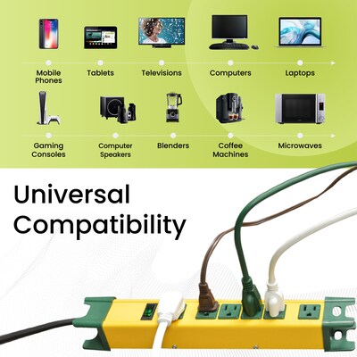 GoGreen Power 6' Metal Surge Protector, 6 Outlets, Yellow/Green (GG-26114)