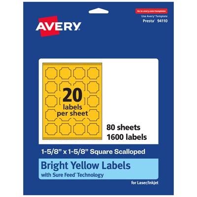 Avery Square Scalloped Laser/Inkjet Multipurpose Labels, 1-5/8 x 1-5/8, Bright Yellow (1600/Box)