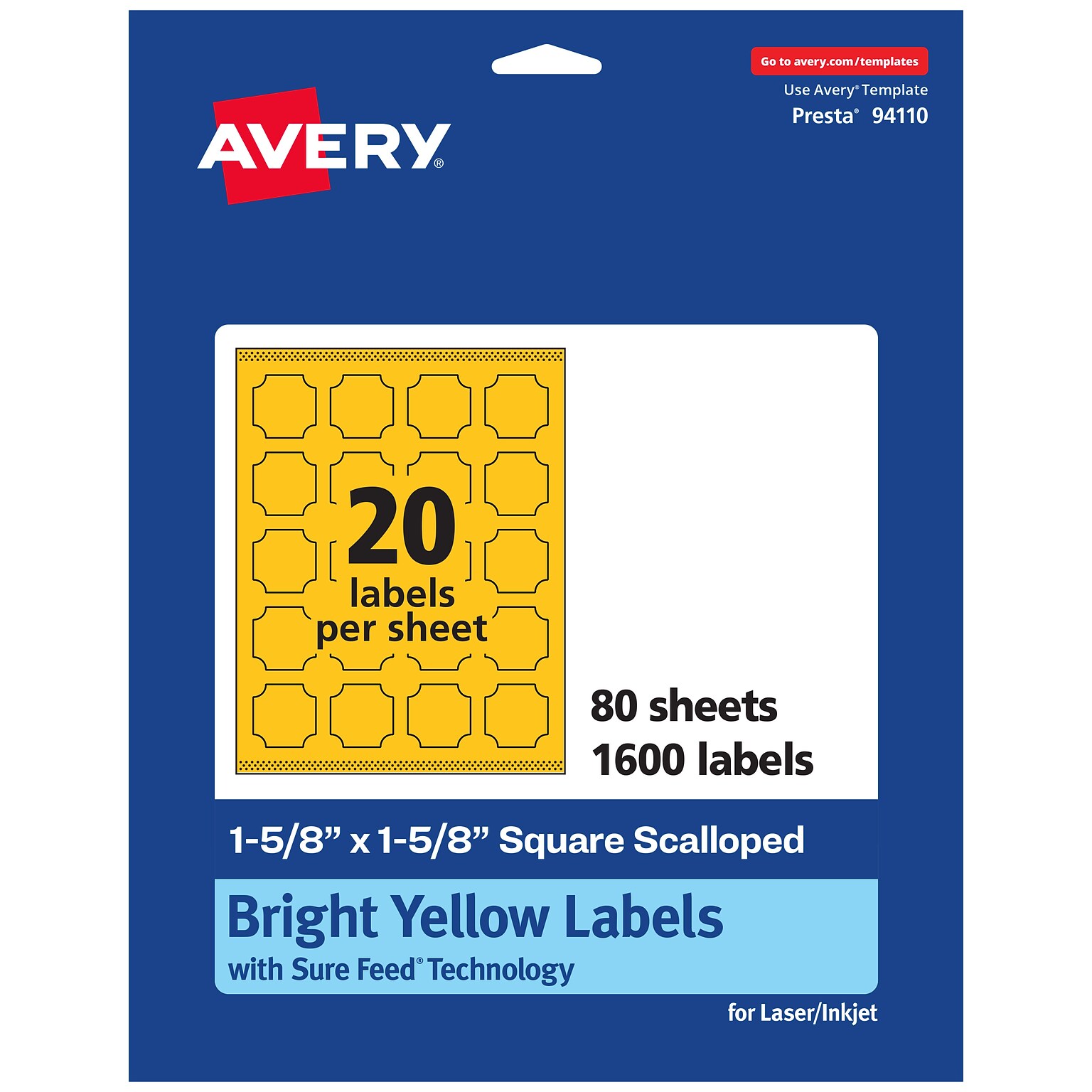Avery Square Scalloped Laser/Inkjet Multipurpose Labels, 1-5/8 x 1-5/8, Bright Yellow (1600/Box)