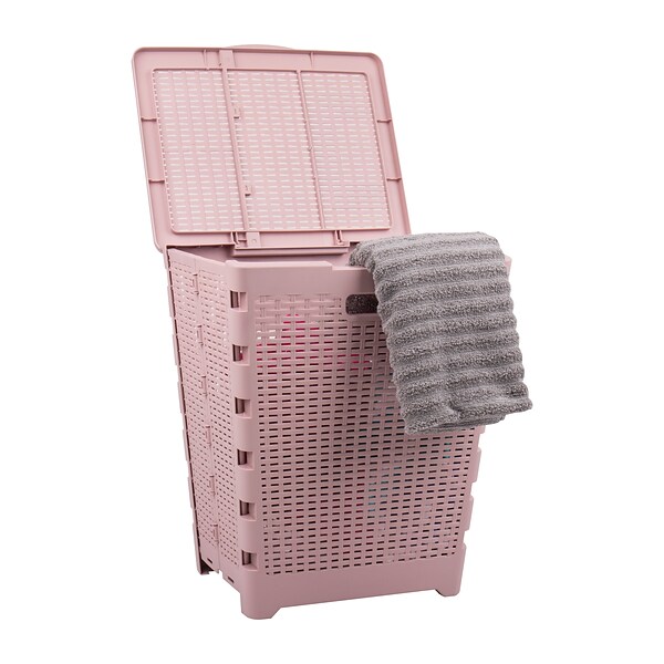 Mind Reader Foldable Plastic Laundry Hamper with Lid, Pink (FOLHAMP61-PNK)