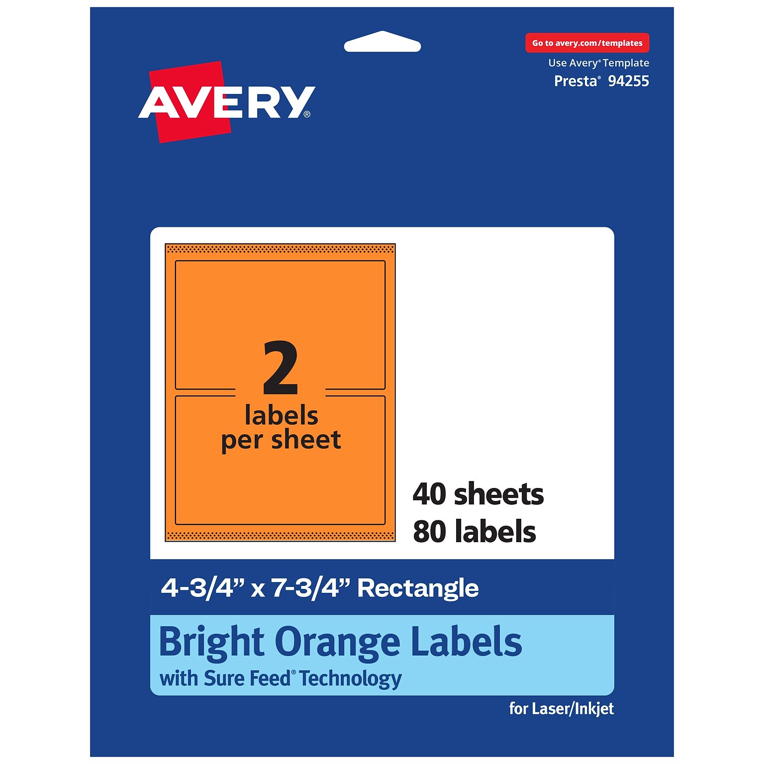 Avery Rectangle Multipurpose Labels, 4.75 x 7.75, Bright Orange, 80/Pack (94255)