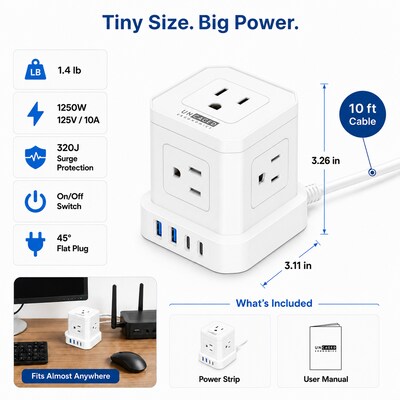 Uncaged Ergonomics Cube 5-Outlet 4-USB Port Surge Protector, 10', White (PC-W-C)