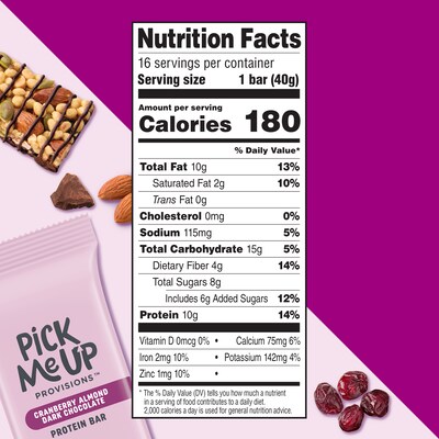Pick Me Up Provisions™ Gluten Free Cranberry Almond Dark Chocolate Protein Bar, 1.4 oz., 16 Bars/Box (PM63401)