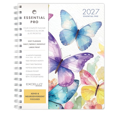 2027 Excello Brands Essential Pro 7 x 9 Weekly & Monthly Planner, Watercolor Butterflies (ESPRO-CY27-79-33)