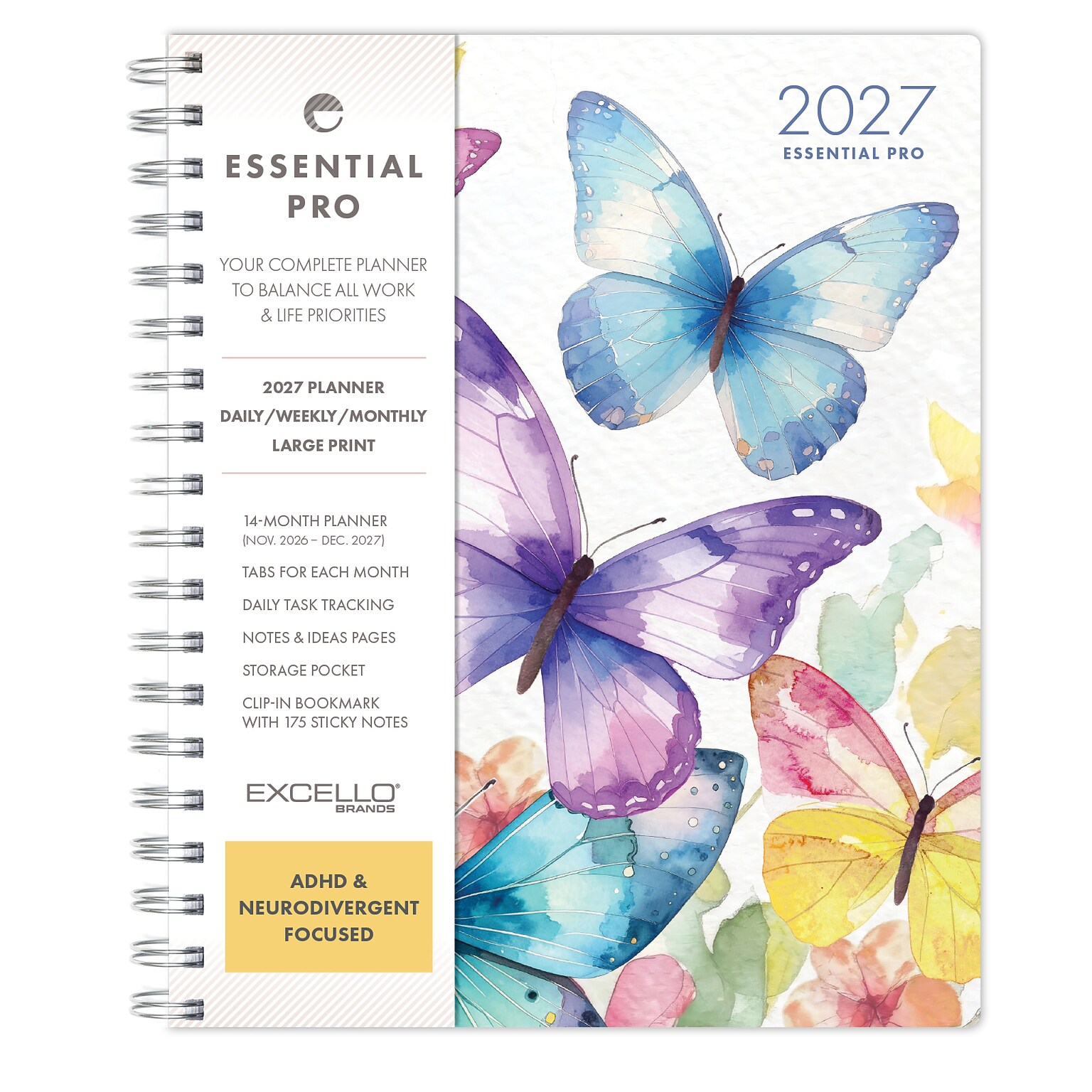 2027 Excello Brands Essential Pro 7 x 9 Weekly & Monthly Planner, Watercolor Butterflies (ESPRO-CY27-79-33)