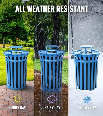Alpine Industries Metal Commercial Outdoor Recycling Receptacle with Rain Bonnet Lid, 38 Gallon, Black/Blue (479-38-1-BLU)
