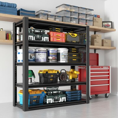 FlexiSpot 5-Shelf Metal Garage Storage Rack with Pegboard, 78" x 47.2" x 18", Black (CJ029-DJ)