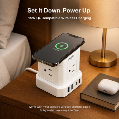 Uncaged Ergonomics Wireless Cube Power Strip with 15W Wireless Charger, 4 AC Outlets, 4 USB Ports, 10' Cord, White (WC-10-W)