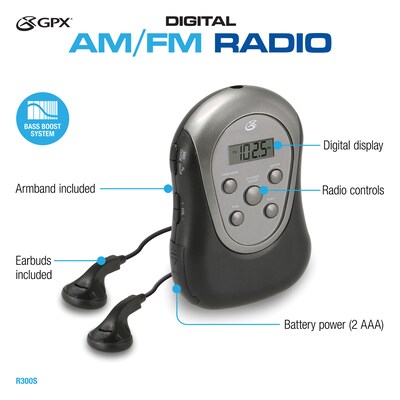 GPX R300 Portable AM/FM Armband Clock Radio, Silver/Black (GPXR300)