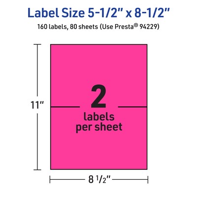 Avery Laser/Inkjet Rectangle Multipurpose Labels, 5.5" x 8.5", Neon Magenta, 160/Box (94229)