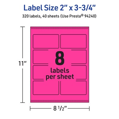 Avery Rectangle Laser/Inkjet Multipurpose Labels, 2" x 3.75", Neon Magenta (320/Box)