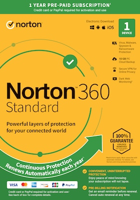 Norton 360 Standard for 1 Device, Windows/Mac/Android/iOS, Download (21390614)