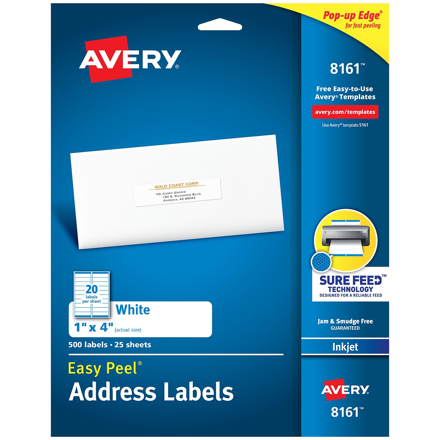 Avery Easy Peel Inkjet Address Labels, 1 x 4, White, 500 Labels/Pack (8161)
