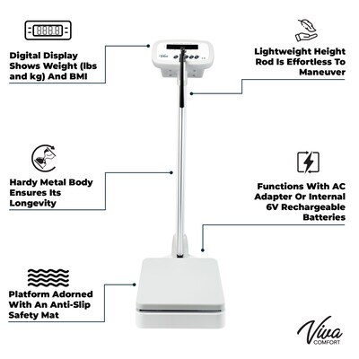 Viva Comfort Digital BMI Physician Weight & Height Scale, 660 lbs. Capacity, White (ADI904-01-MK)