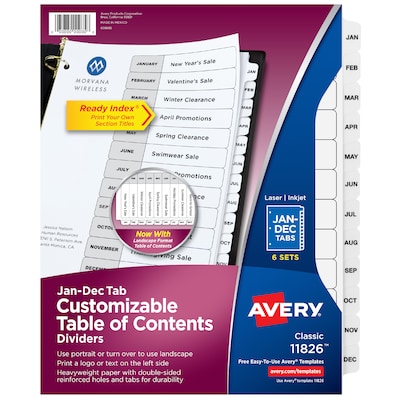 Avery Ready Index Table of Contents Pre-Printed Monthly Paper Divider, Jan-Dec, Multicolor, 6 Sets (