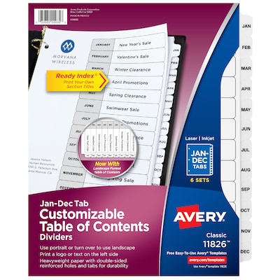 Avery Ready Index Table of Contents Paper Dividers, Jan-Dec Tabs, Multicolor, 6 Sets/Pack (11830)