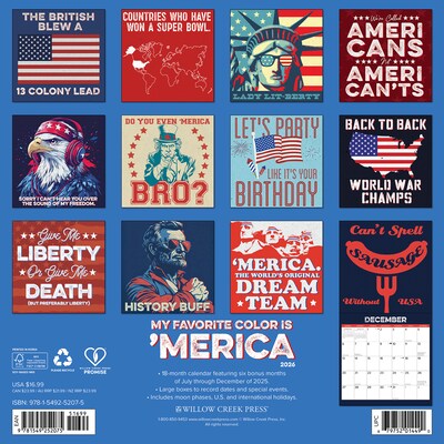 2026 Willow Creek My Favorite Color is Merica 12 x 12 Monthly Wall Calendar (52075)